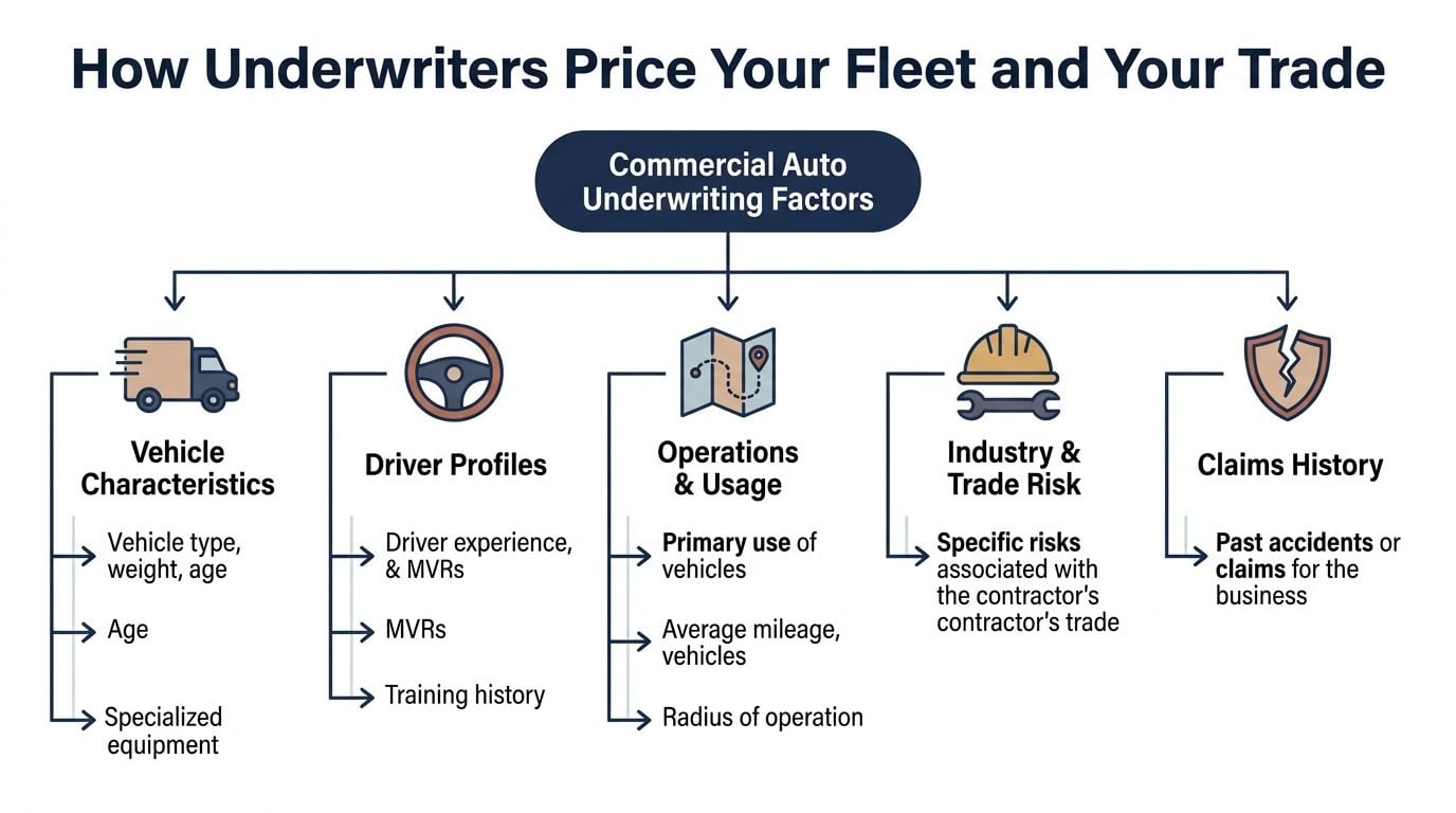 An infographic showing five key commercial auto underwriting factors for pricing fleet insurance policies.
