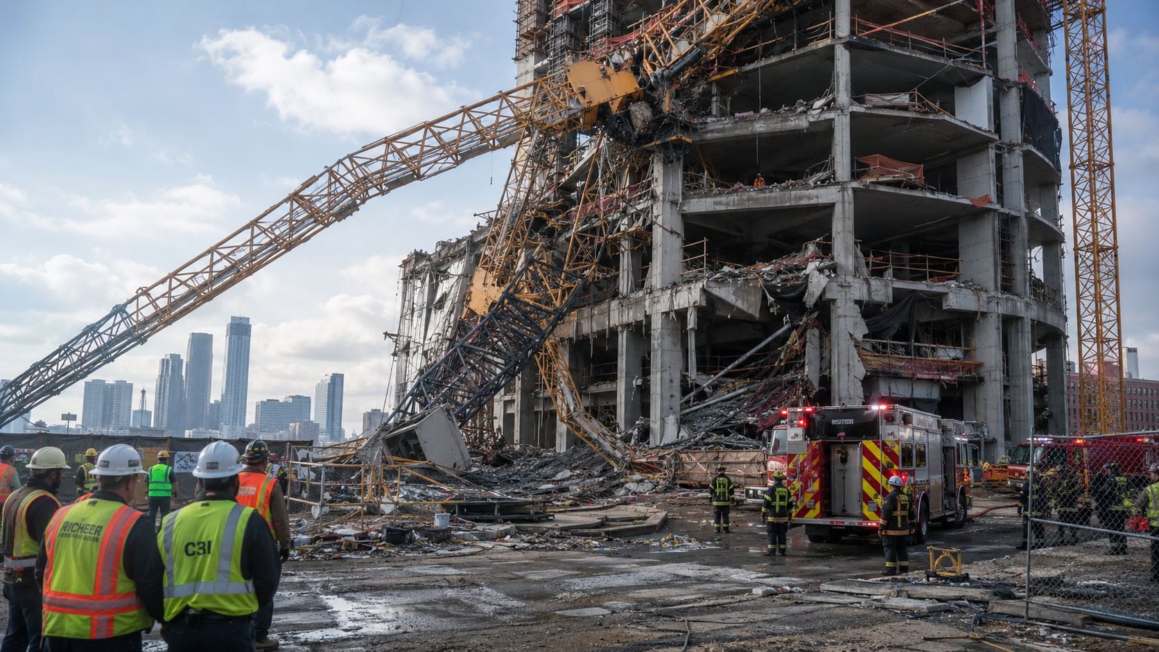 Emergency responders and construction workers at the scene of a collapsed building and crane accident.