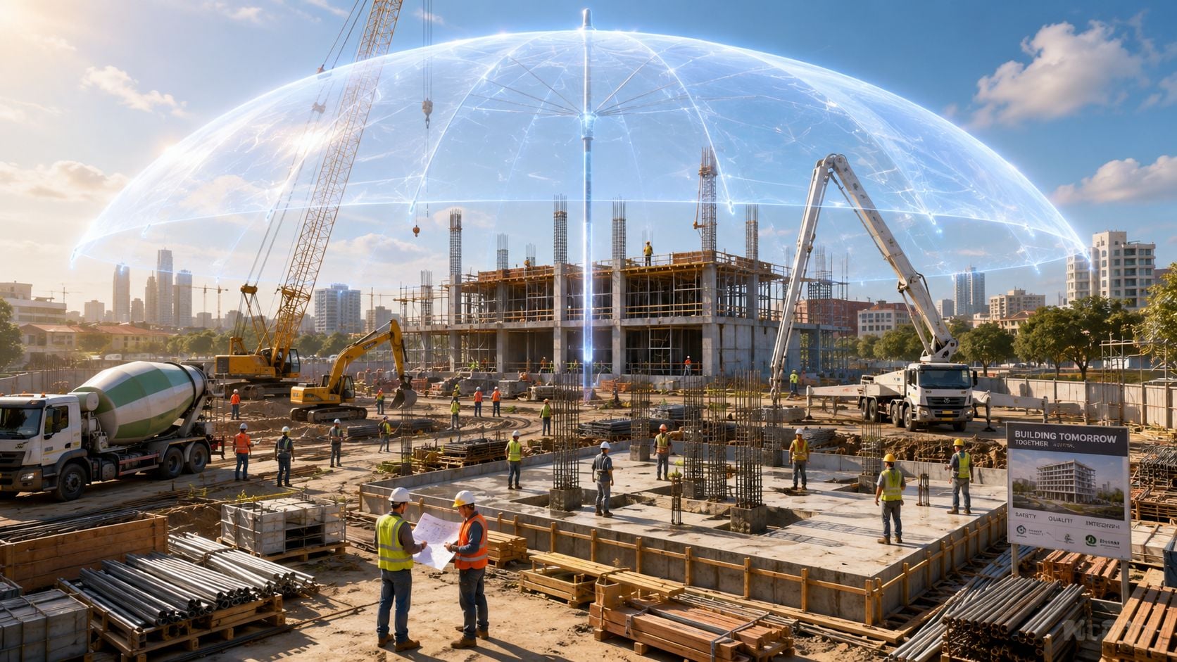 Construction workers on a site with a digital protective shield representing safety and concrete contractor insurance coverage.