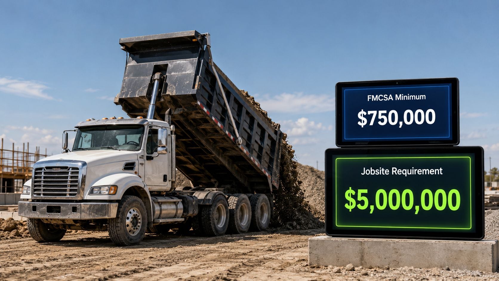 A dump truck at a jobsite with text overlays comparing FMCSA and site insurance coverage requirements.