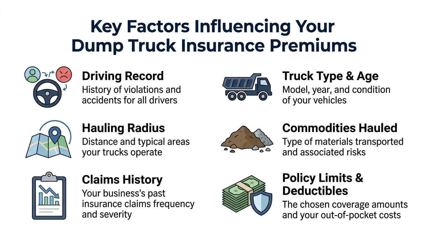 An infographic detailing the six primary factors that influence dump truck insurance premium pricing for business owners.