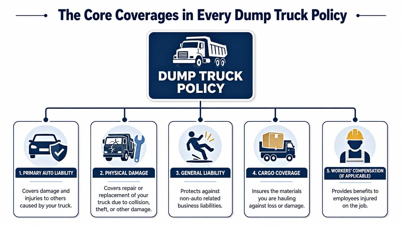 A diagram outlining the five core coverage components essential for a comprehensive dump truck insurance policy.