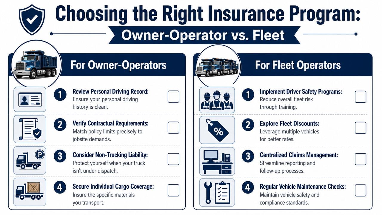 An infographic detailing essential insurance considerations for owner-operators versus fleet trucking business operators.