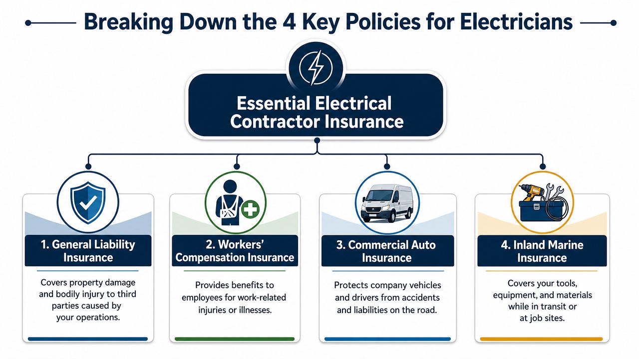 A diagram outlining the four essential types of insurance policies for professional electrical contractors.
