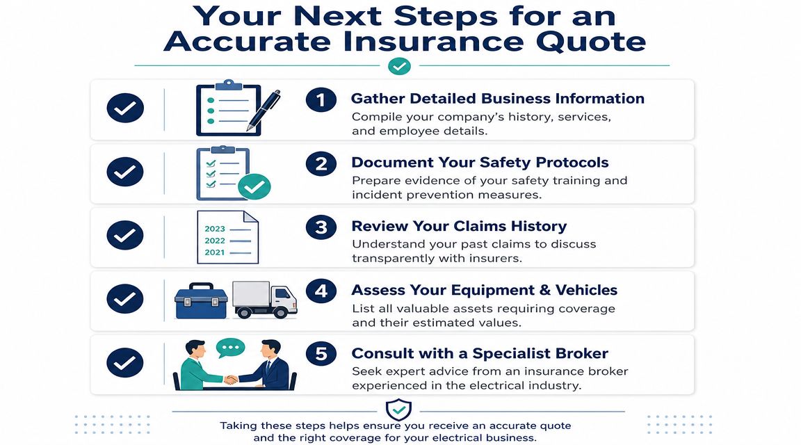 An infographic titled Your Next Steps for an Accurate Insurance Quote for electrical businesses.