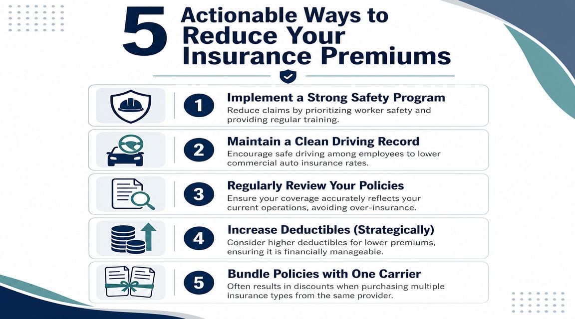 An infographic showing five actionable ways for businesses to reduce their commercial insurance premium costs.