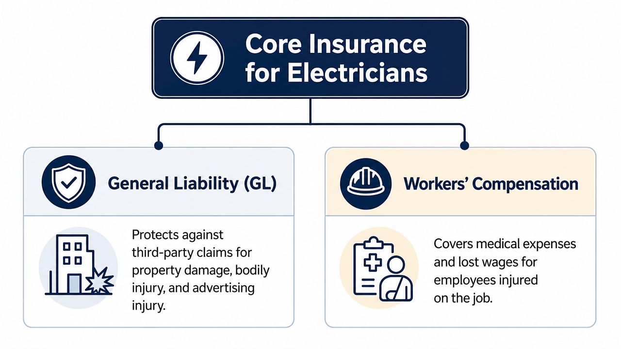 A diagram outlining core insurance options for electricians, specifically General Liability and Workers' Compensation insurance coverage.