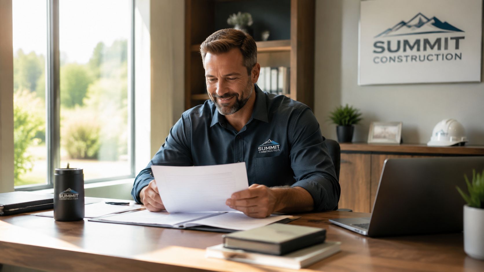 A professional construction company owner reviewing documents at his organized office desk with a laptop and logo.