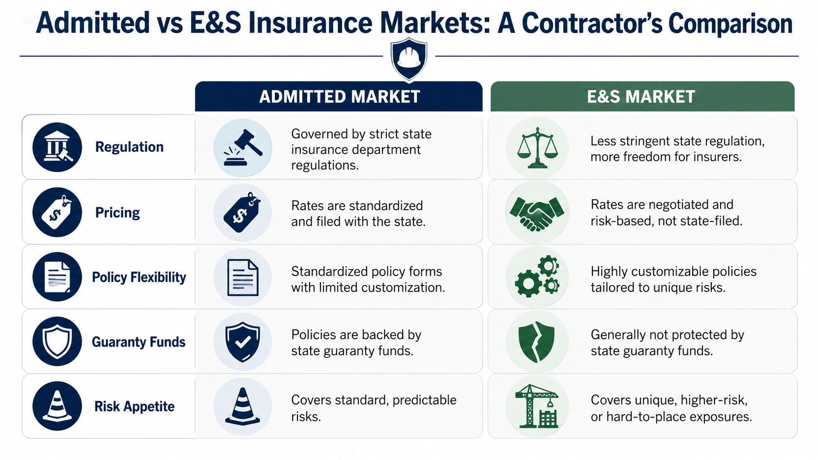 A comparison chart outlining key differences between admitted insurance markets and excess and surplus lines insurance markets.