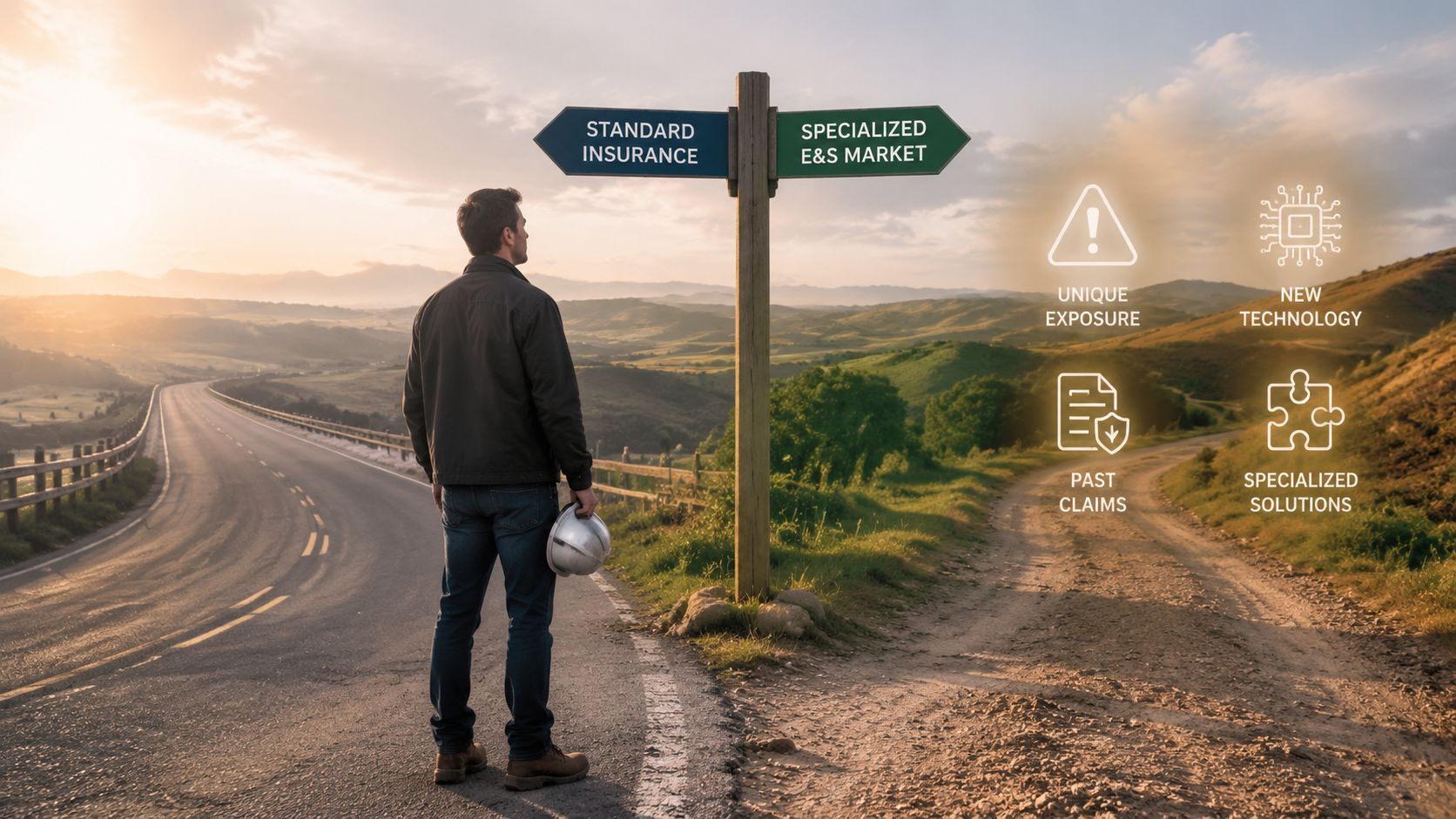 A professional stands at a crossroads choosing between standard insurance and the specialized E&S market.