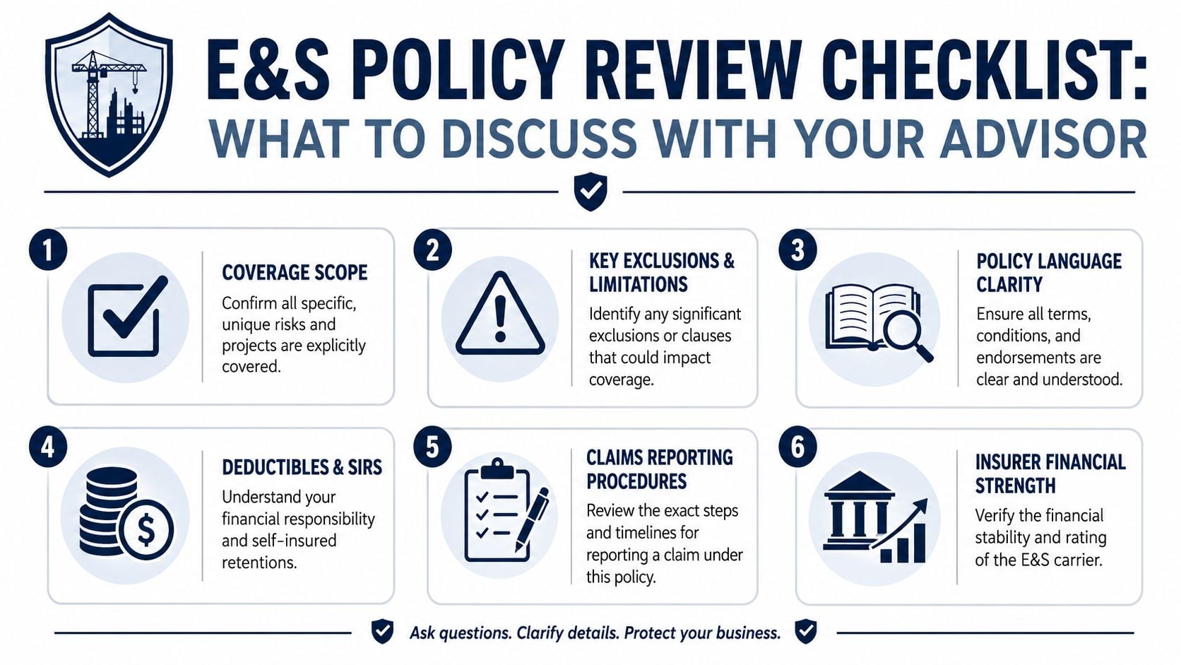 A checklist infographic outlining six essential topics for businesses to discuss with their E&S insurance advisor.