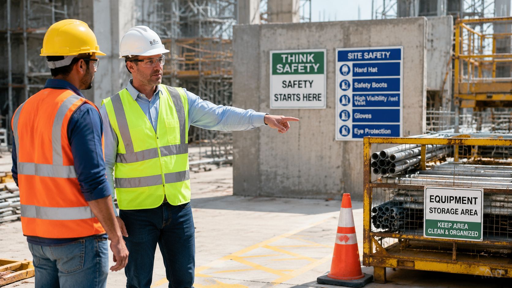 Two construction workers in safety gear discussing safety protocols on a busy building site.