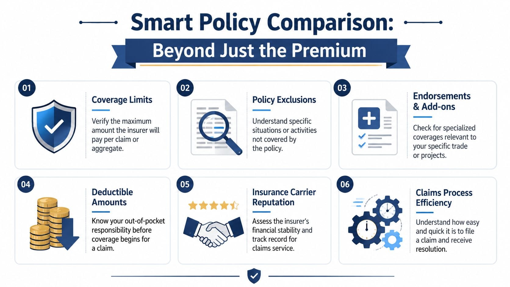 An infographic showing six key factors to consider when comparing business insurance policies beyond just the premium.