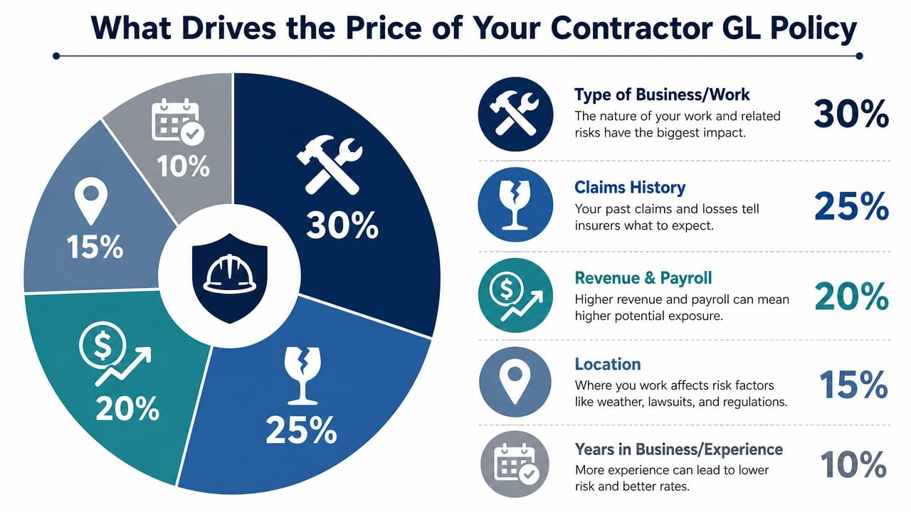 A pie chart infographic detailing the five key factors that influence the cost of contractor general liability insurance.