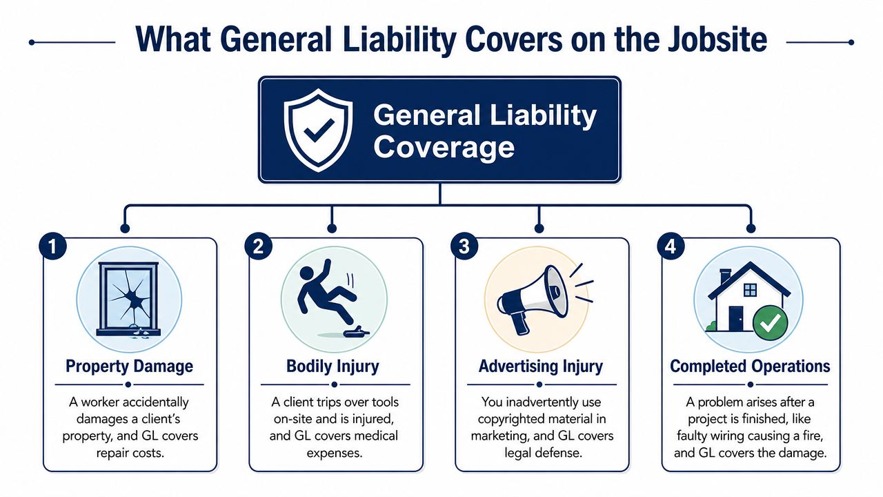 An infographic titled What General Liability Covers on the Jobsite, illustrating four key coverage areas for contractors.