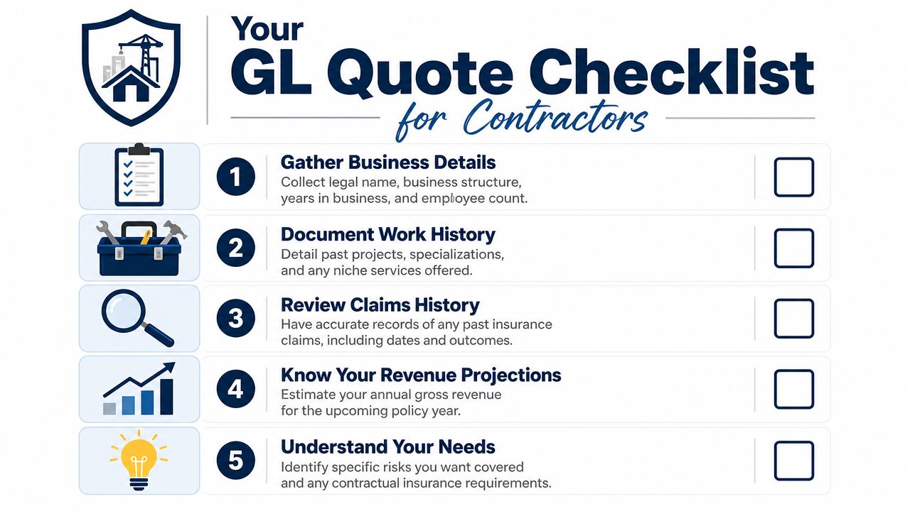 A five-step infographic checklist for contractors to gather necessary information before obtaining general liability insurance quotes.