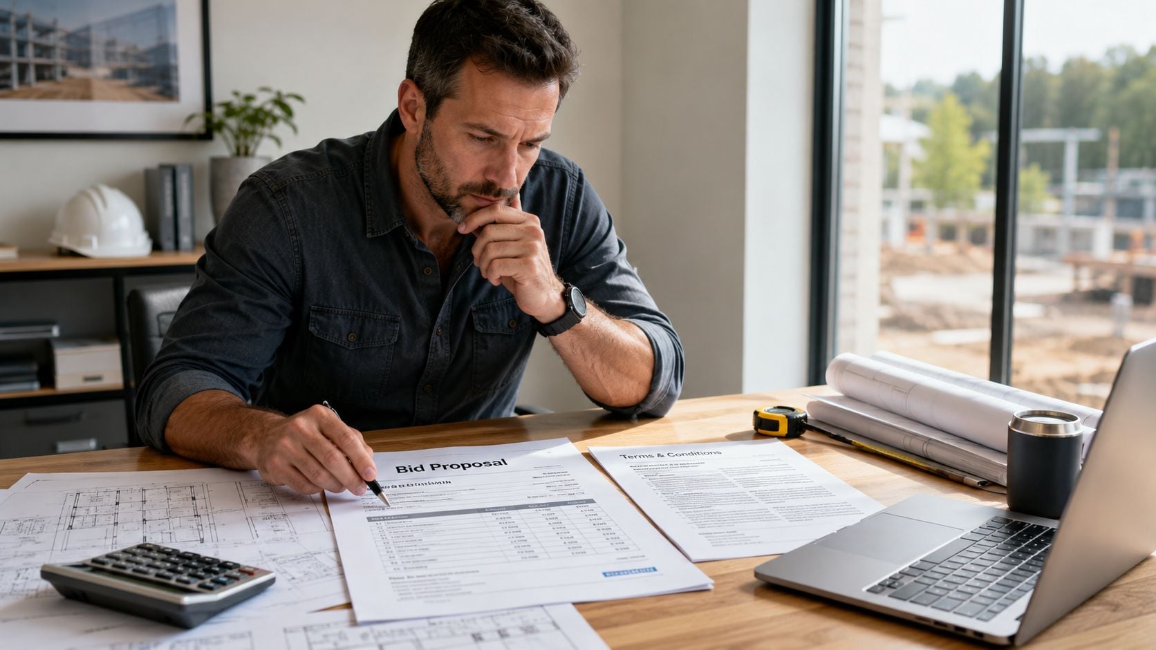 A focused professional engineer reviewing construction bid proposal documents while sitting at a desk with blueprints.