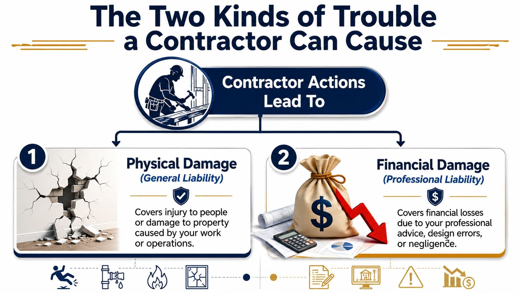 An infographic showing the differences between general liability for physical damage and professional liability for financial damage.
