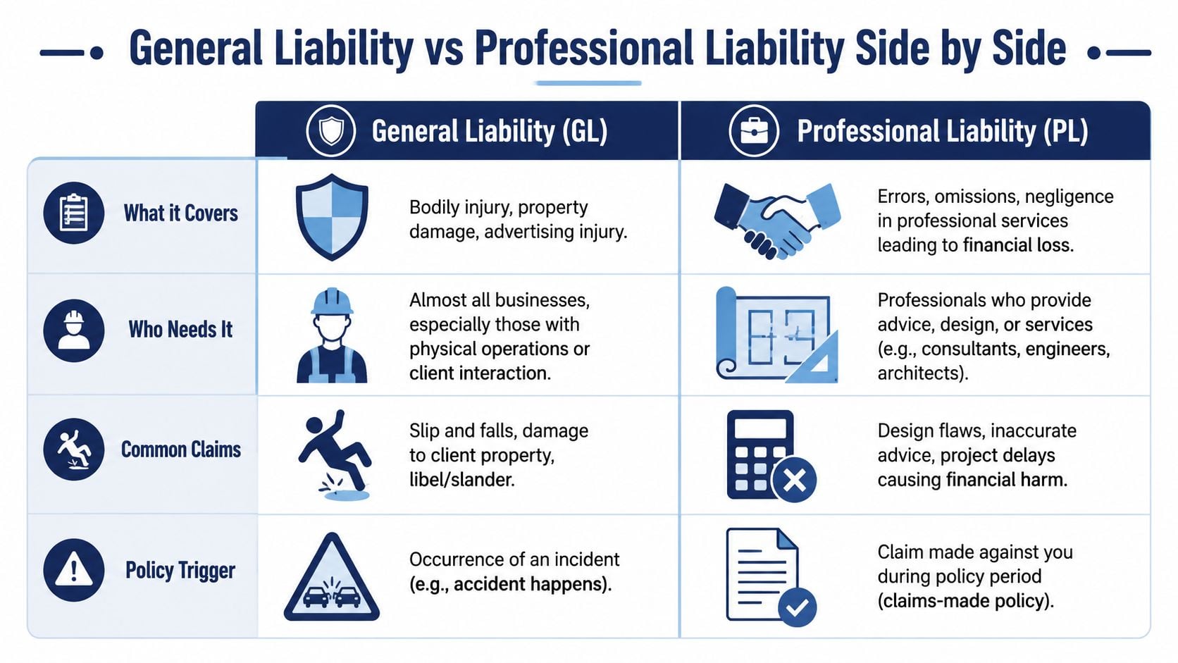 A comparison chart outlining the key differences between general liability and professional liability insurance coverage.