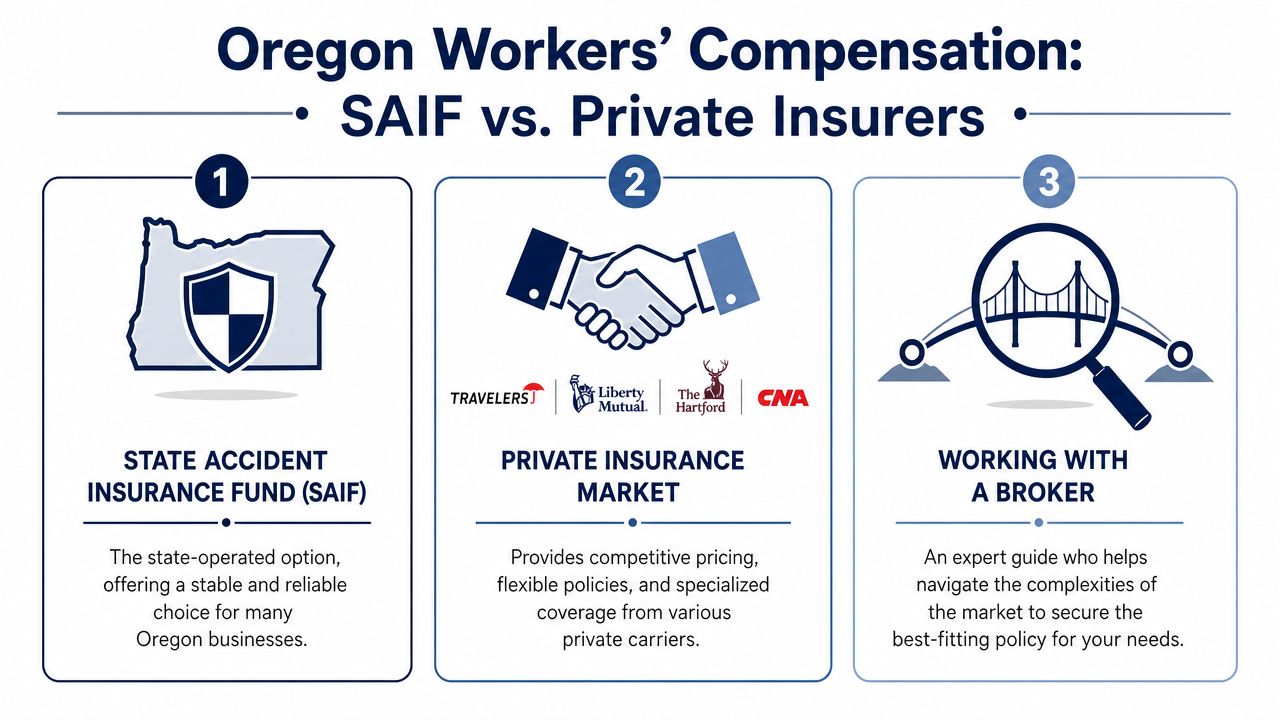 A graphic comparing Oregon's state workers' compensation fund, private insurance carriers, and the benefits of using a broker.