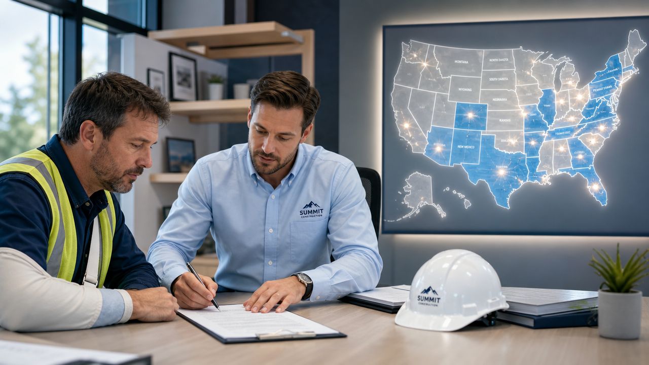 A professional construction consultant reviewing and signing an agreement with a client in a modern office.