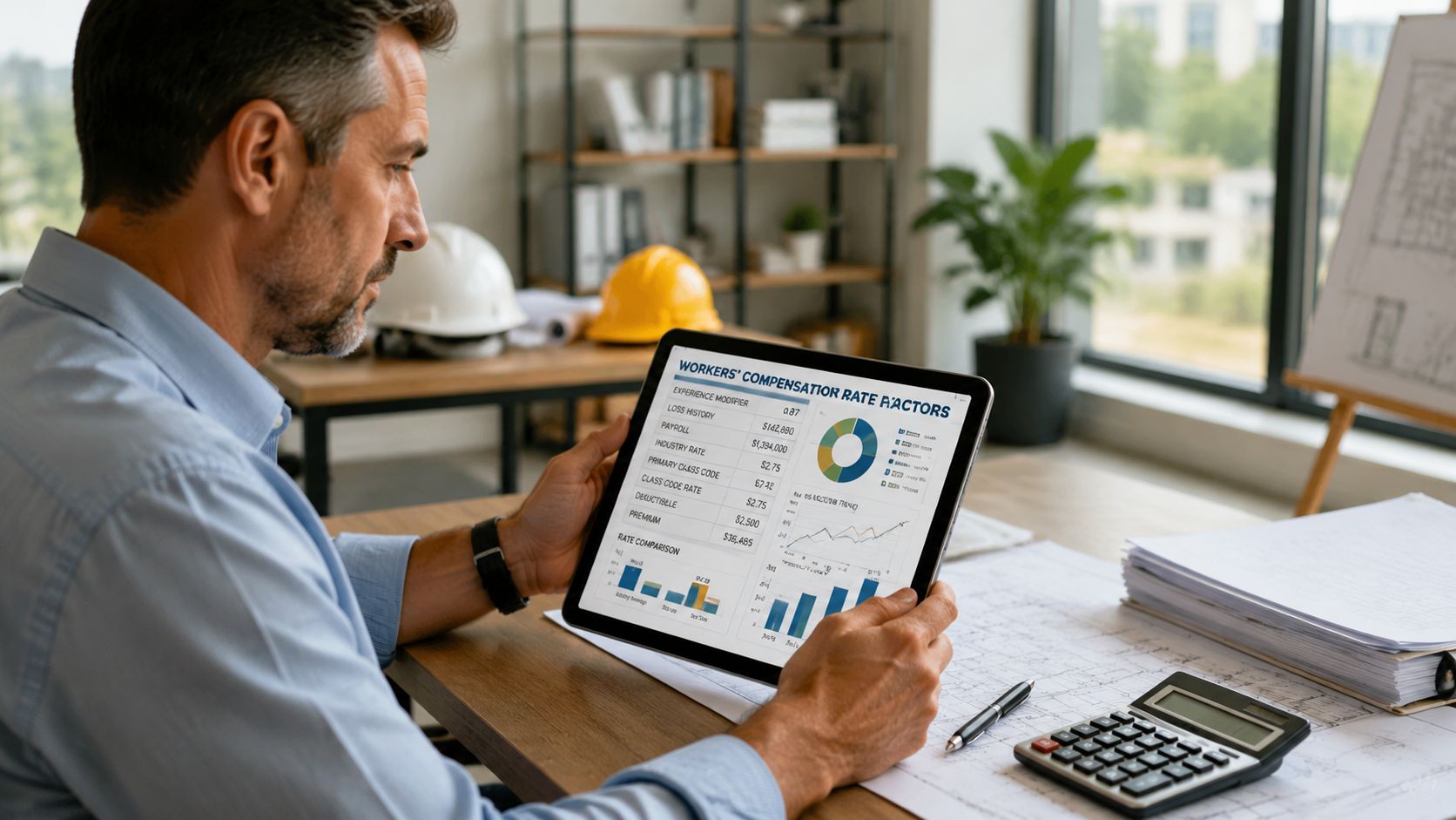 A professional man in an office environment reviews Oregon workers compensation insurance data on a tablet screen.