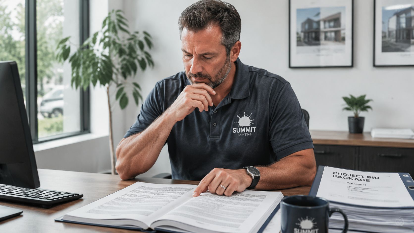 A professional painter sitting at a desk reviewing project bid documentation and reading detailed paperwork.