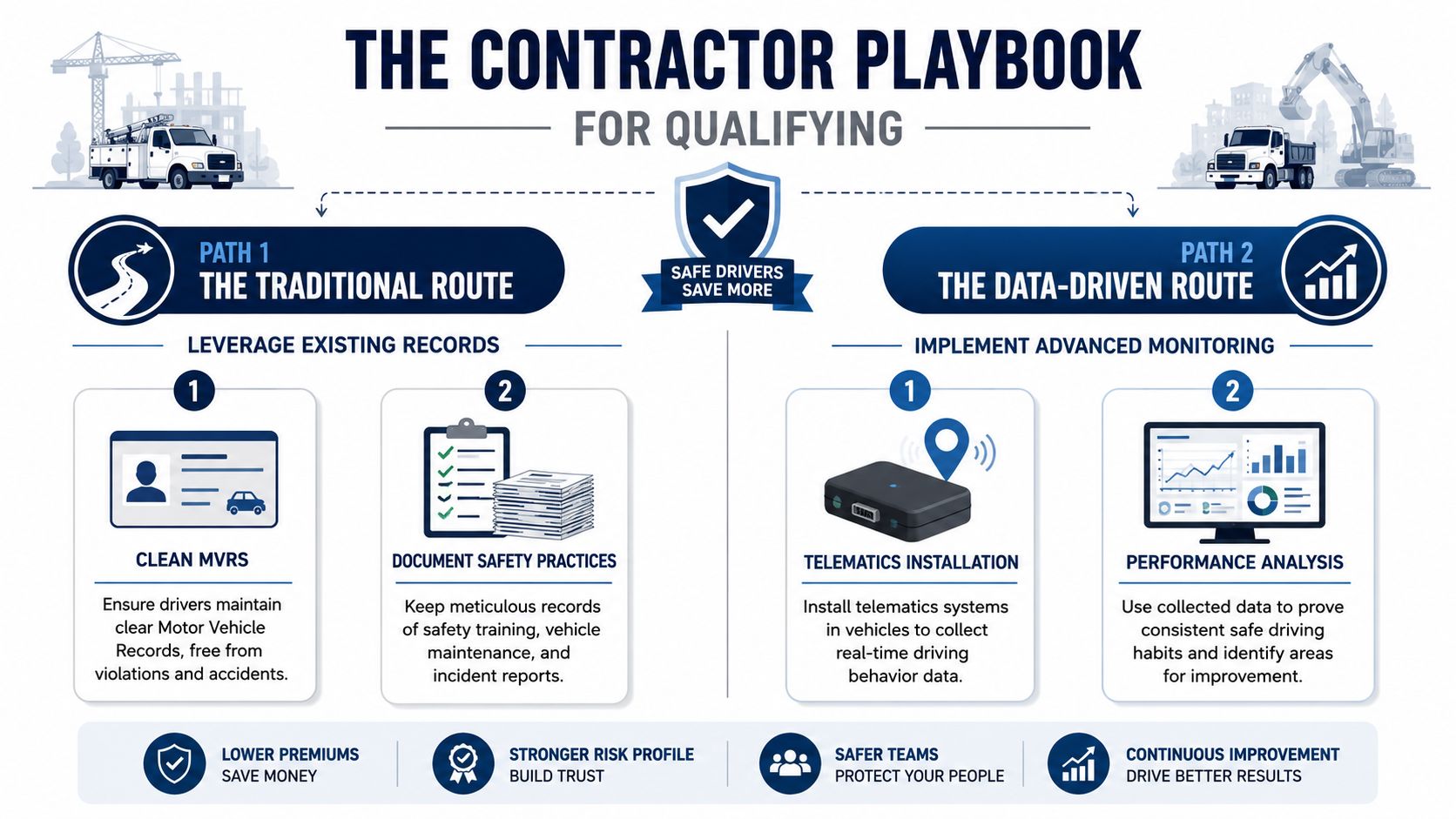 An infographic titled The Contractor Playbook for Qualifying outlining traditional and data-driven methods for improving driver safety.