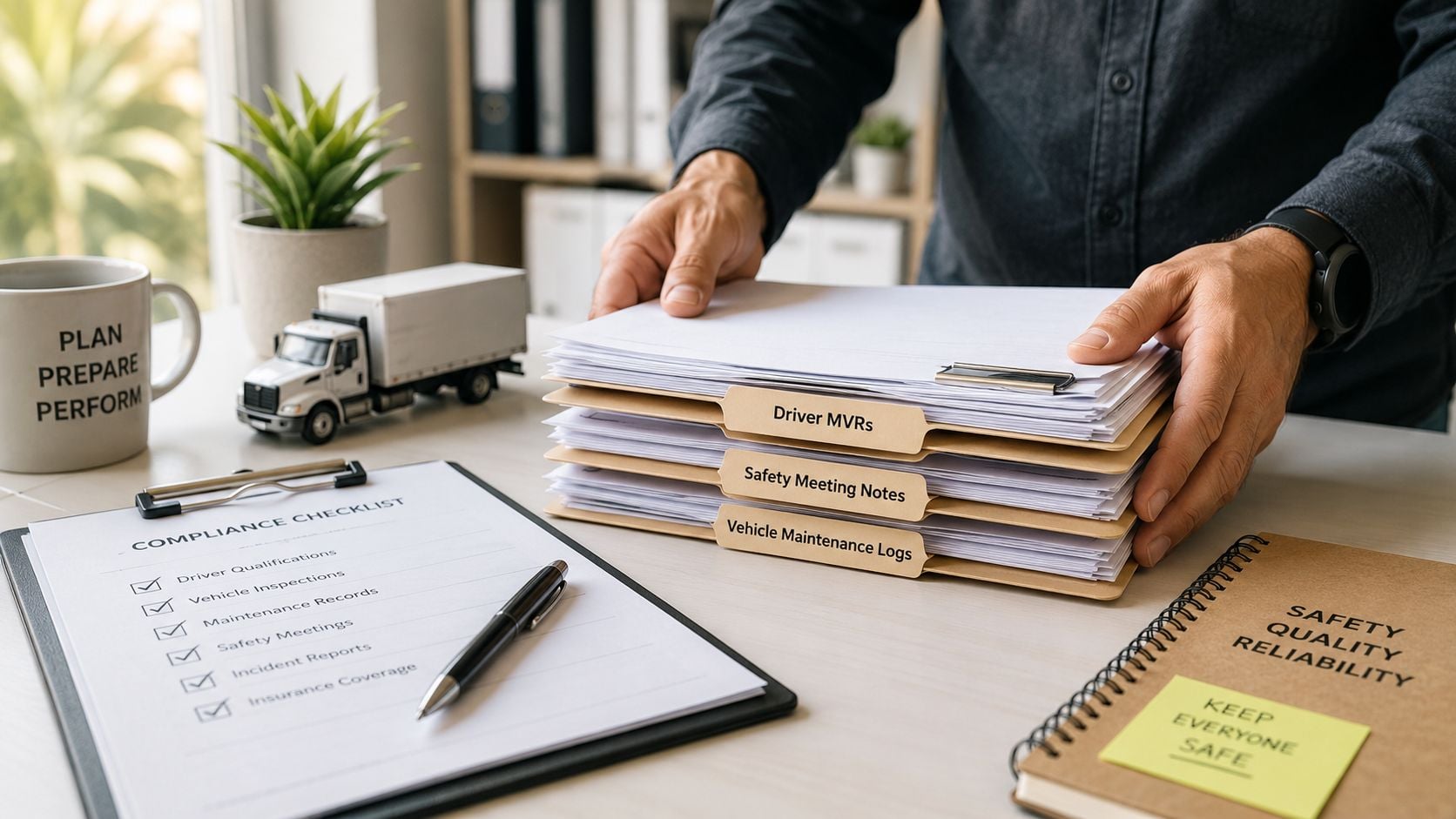 A person organizing a stack of labeled compliance folders on an office desk for fleet management.