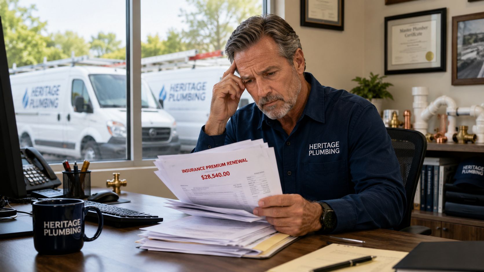 A concerned business owner reviewing a high insurance premium renewal notice at his office desk.