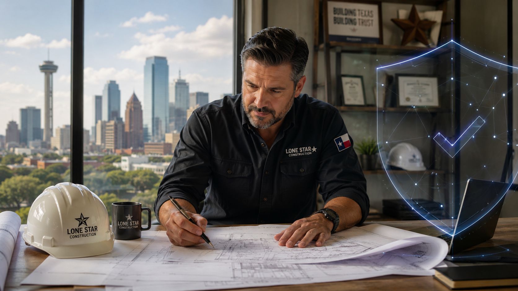 A professional construction contractor reviewing blueprints at a desk with a cityscape view of Texas.