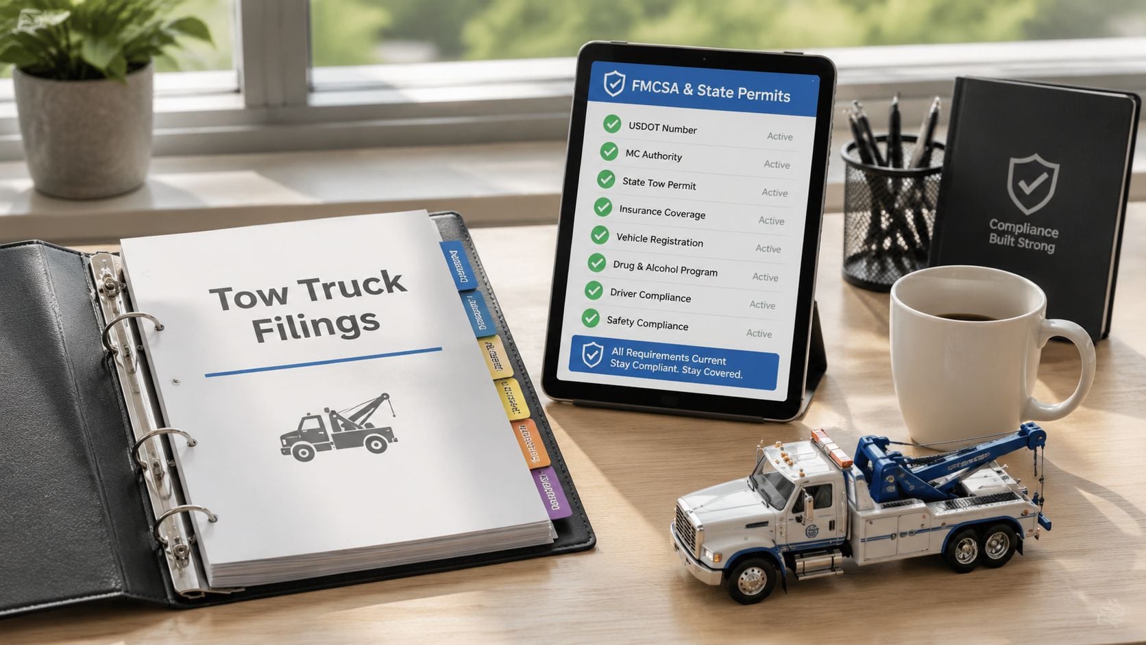 A professional office desk with a binder labeled Tow Truck Filings, a tablet showing compliance status, and a toy tow truck.