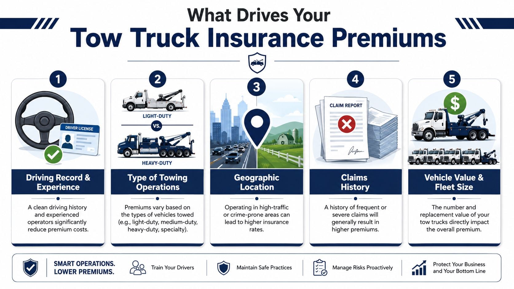An infographic showing five key factors that influence tow truck insurance premiums for business owners.