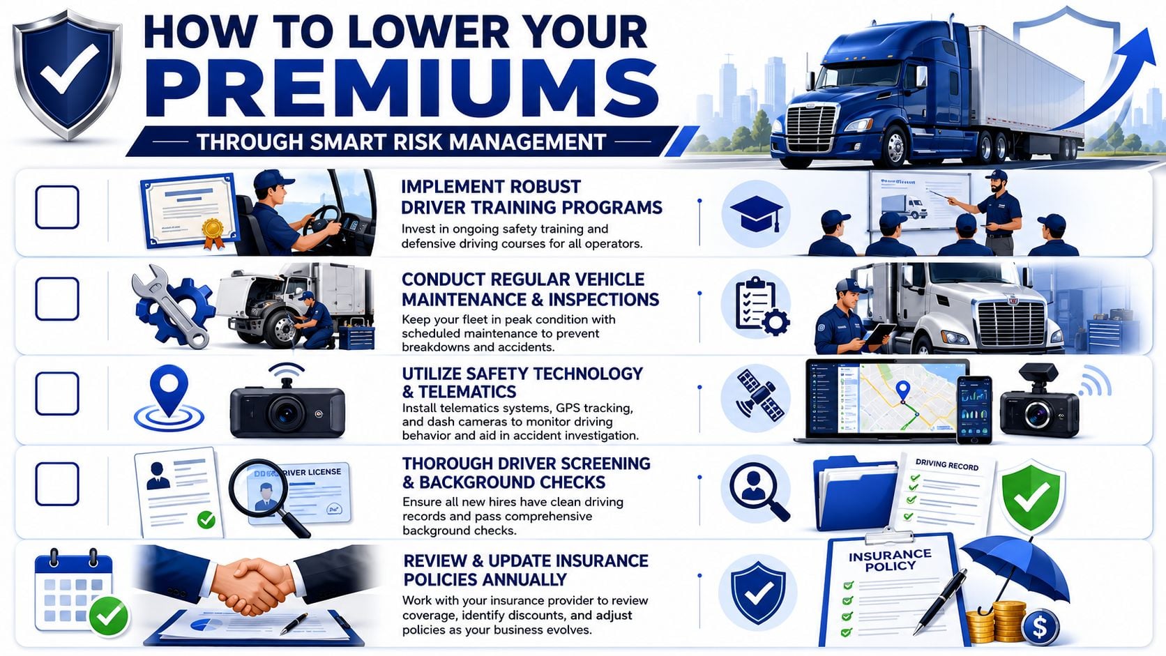 An infographic detailing five key strategies for fleet managers to lower insurance premiums through smart risk management practices.