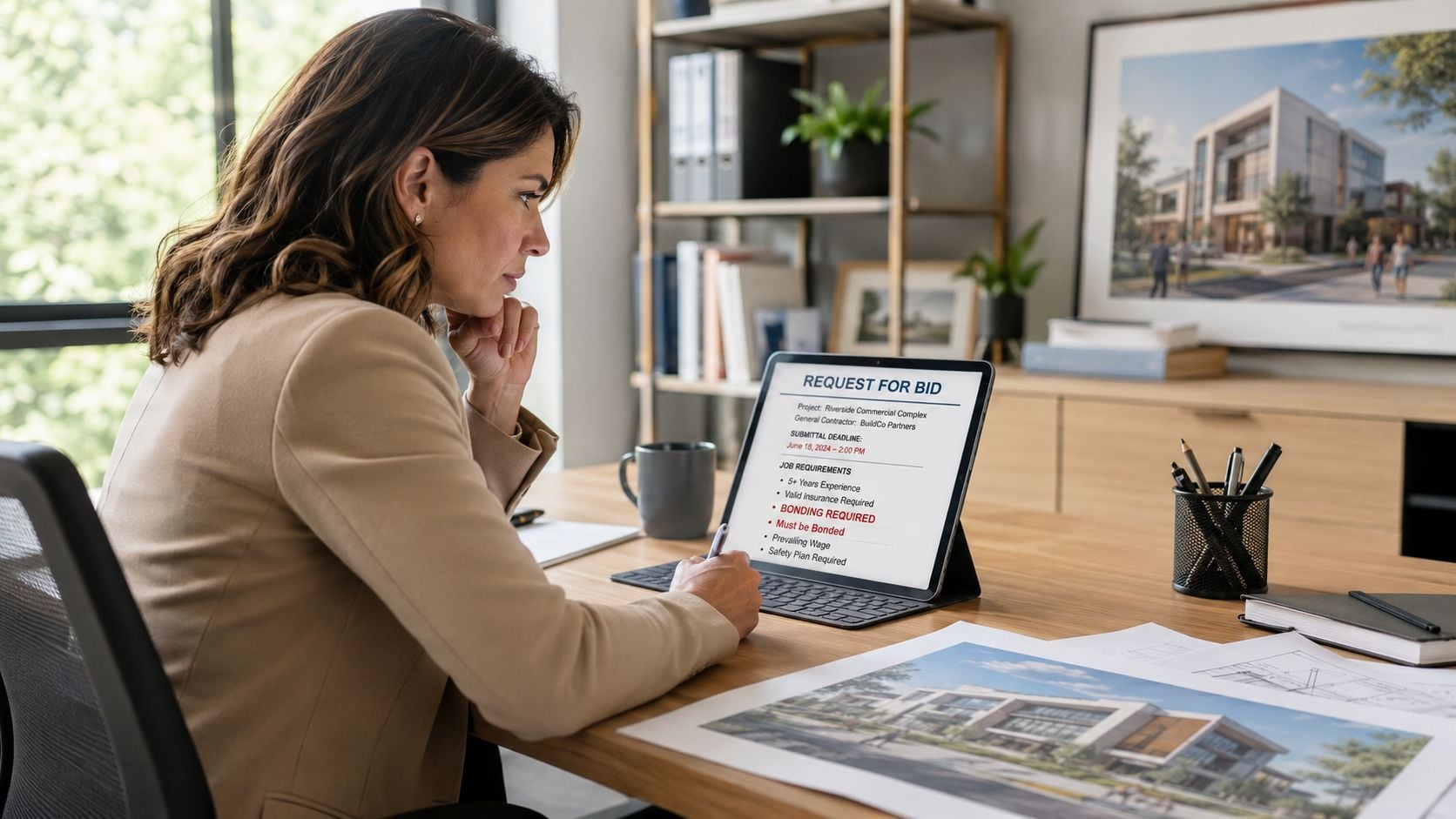 A businesswoman reviews bid requirements for a commercial construction project on her tablet in a modern office.
