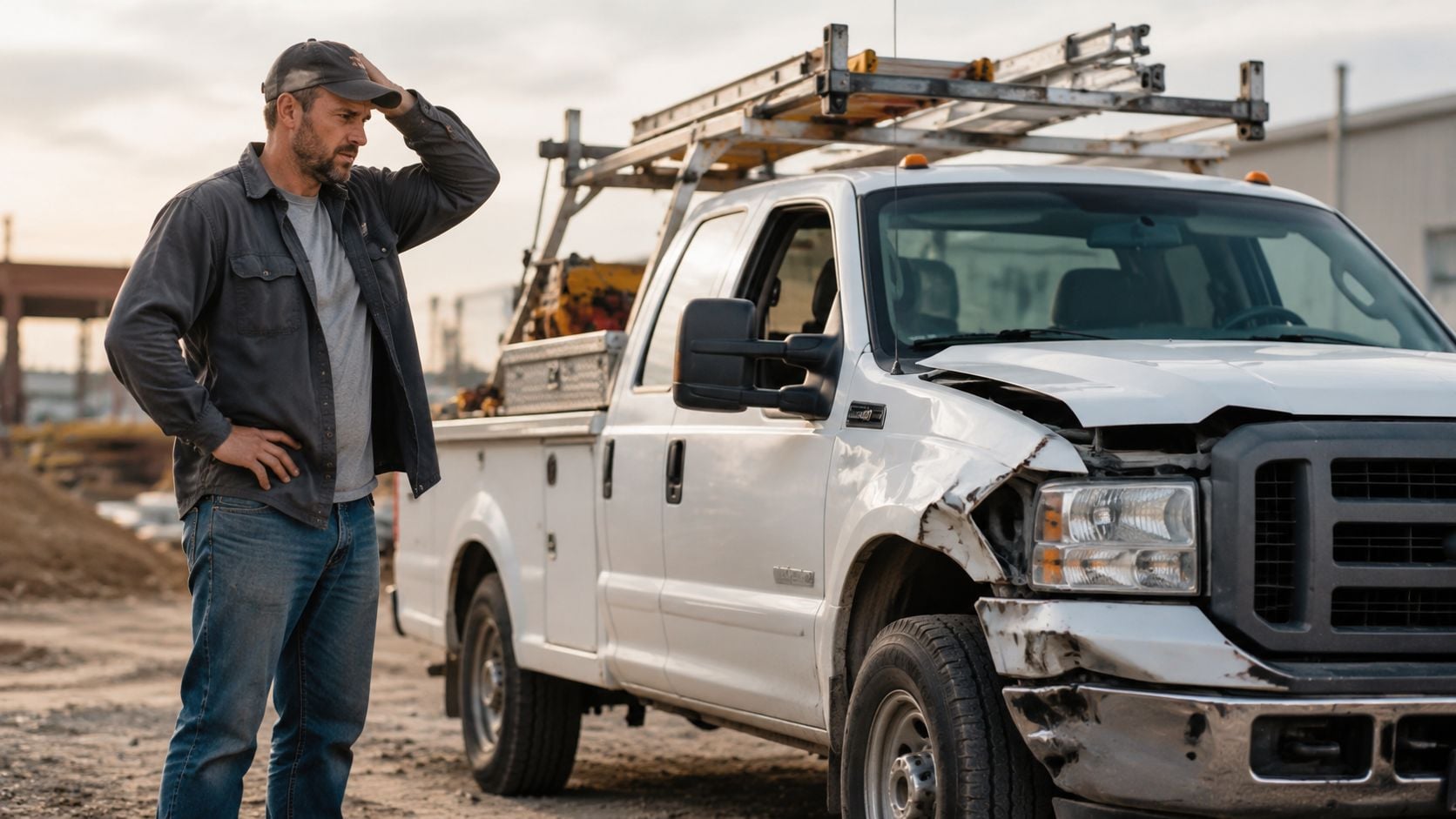 A concerned contractor stands beside his white pickup truck that has front-end damage at a construction site.