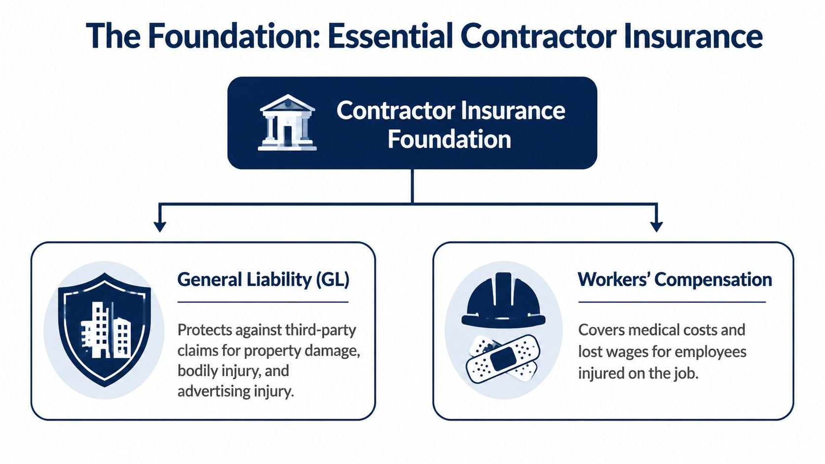 A diagram outlining the essential foundation of contractor insurance including General Liability and Workers' Compensation coverage.