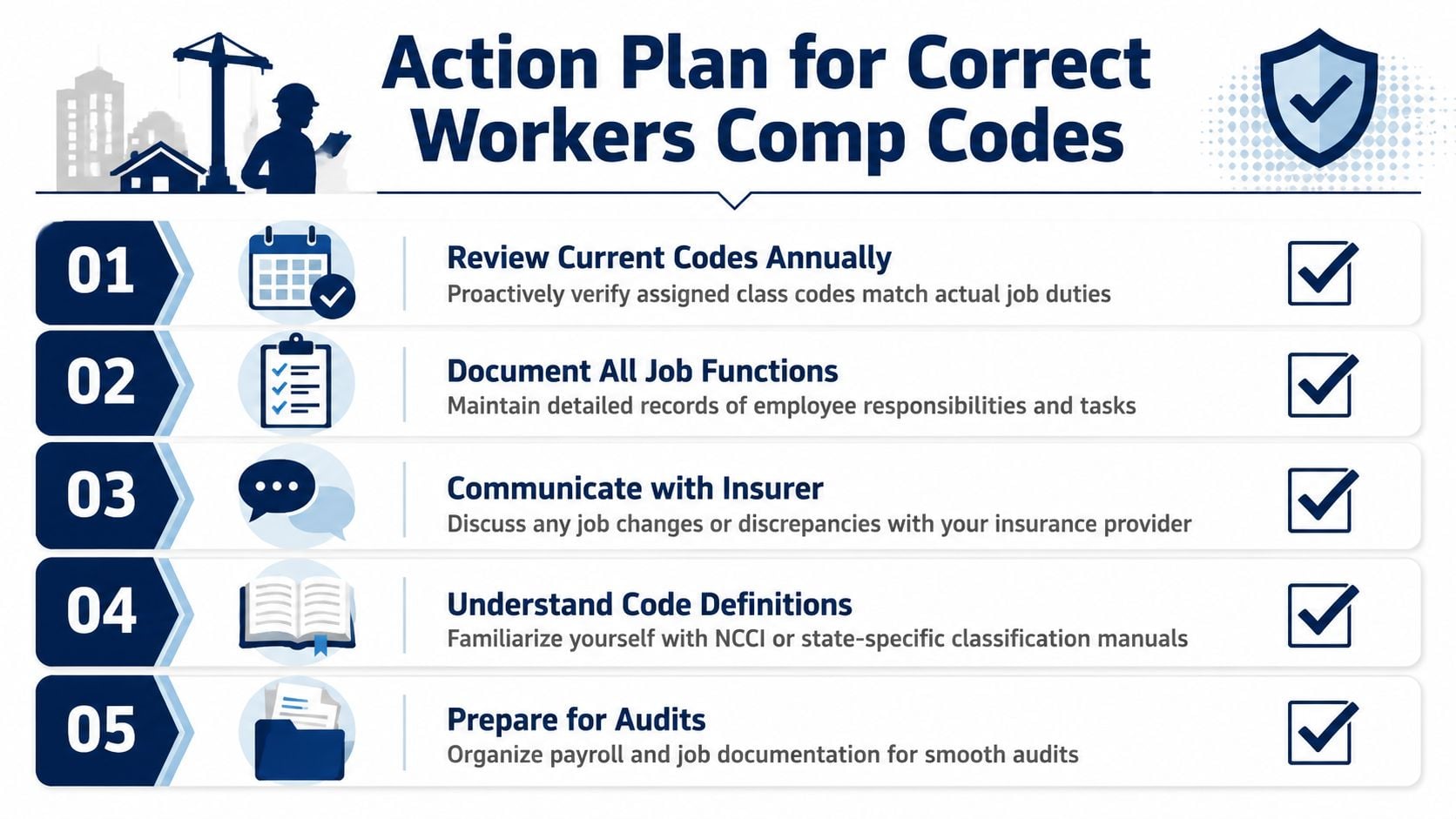 An infographic titled Action Plan for Correct Workers Comp Codes listing five steps for businesses to follow.