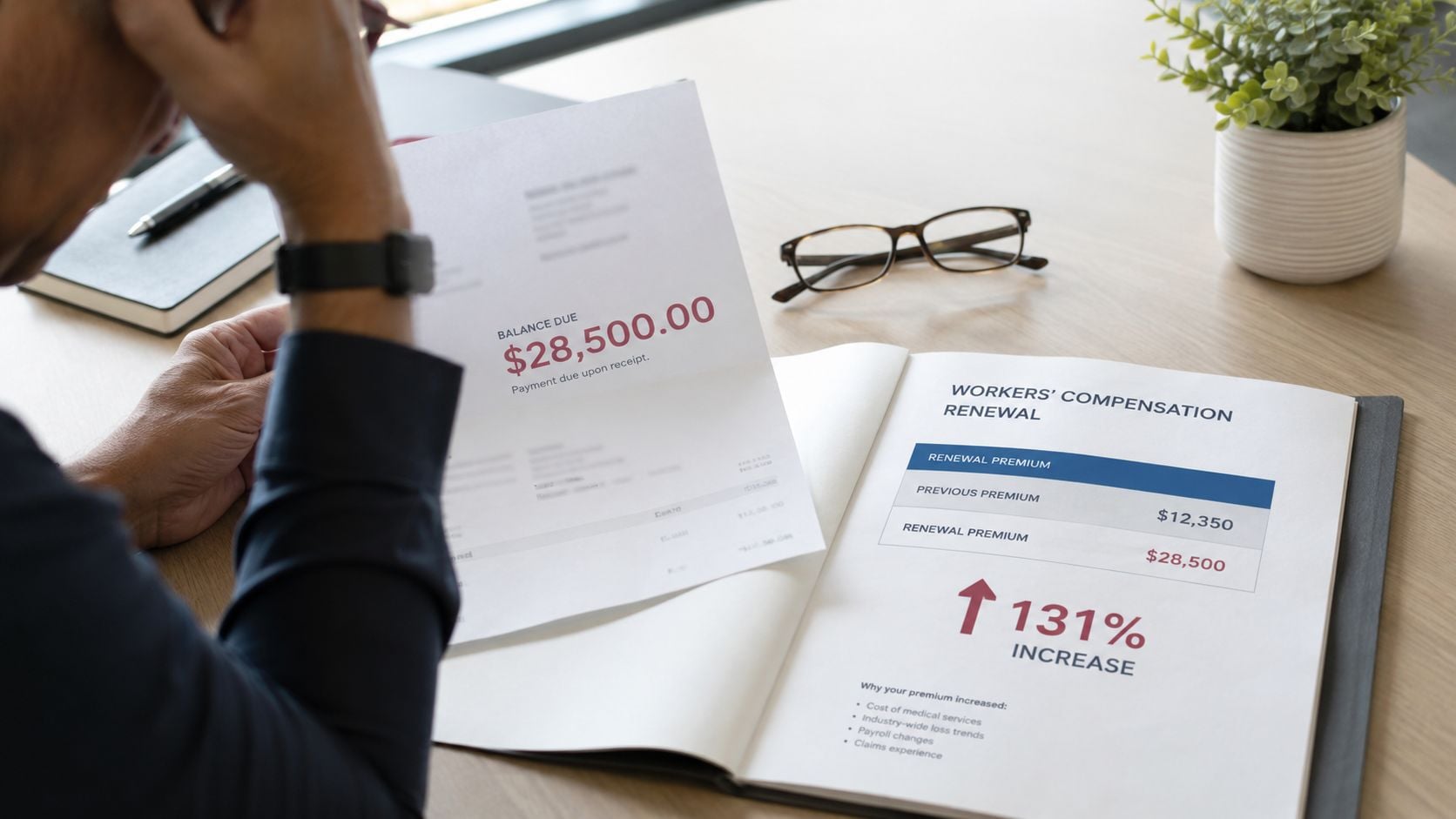 A person looks stressed while reviewing a workers' compensation renewal document showing a 131% premium increase.