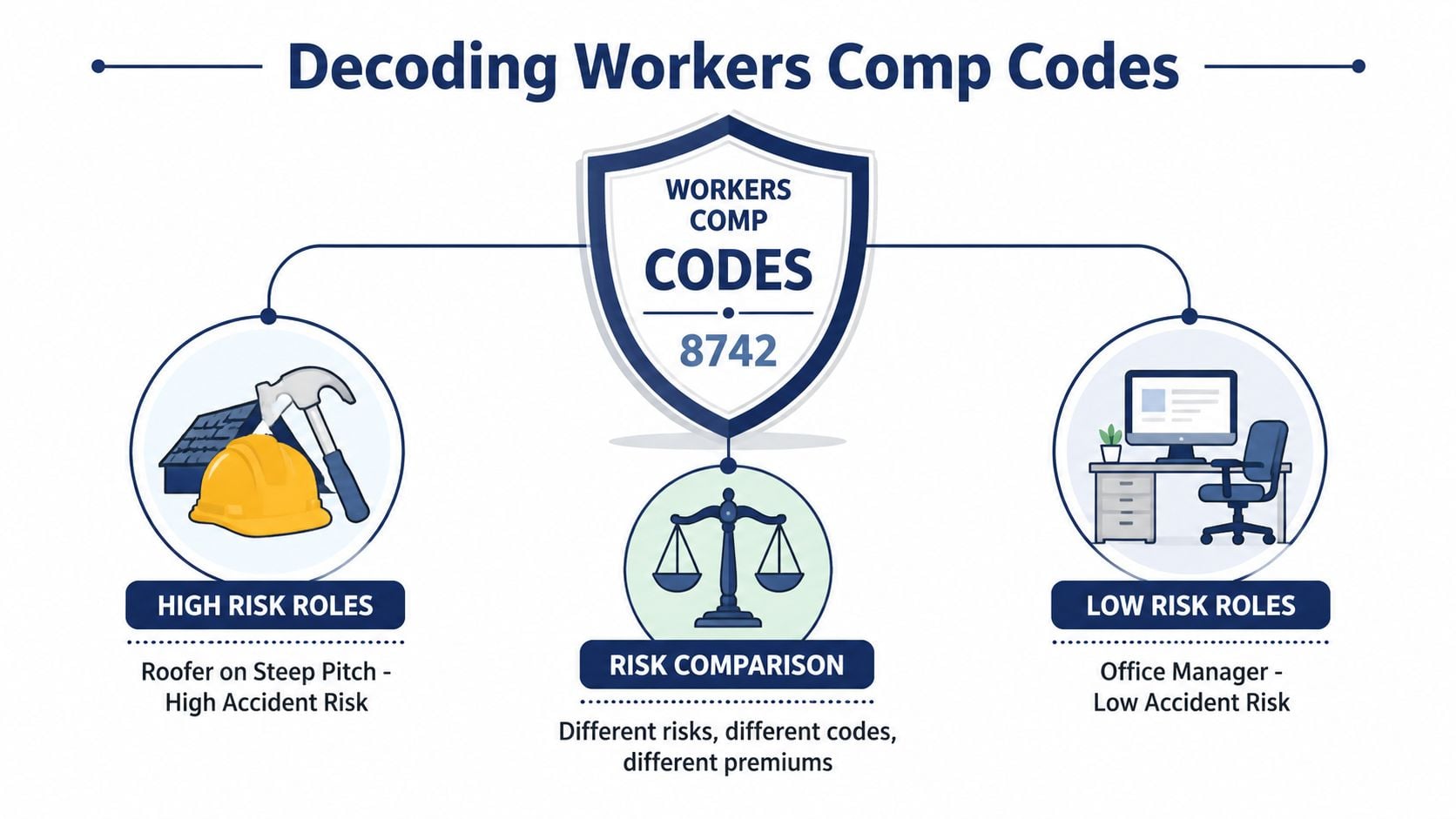 An infographic titled Decoding Workers Comp Codes comparing high risk roofing jobs with low risk office roles.