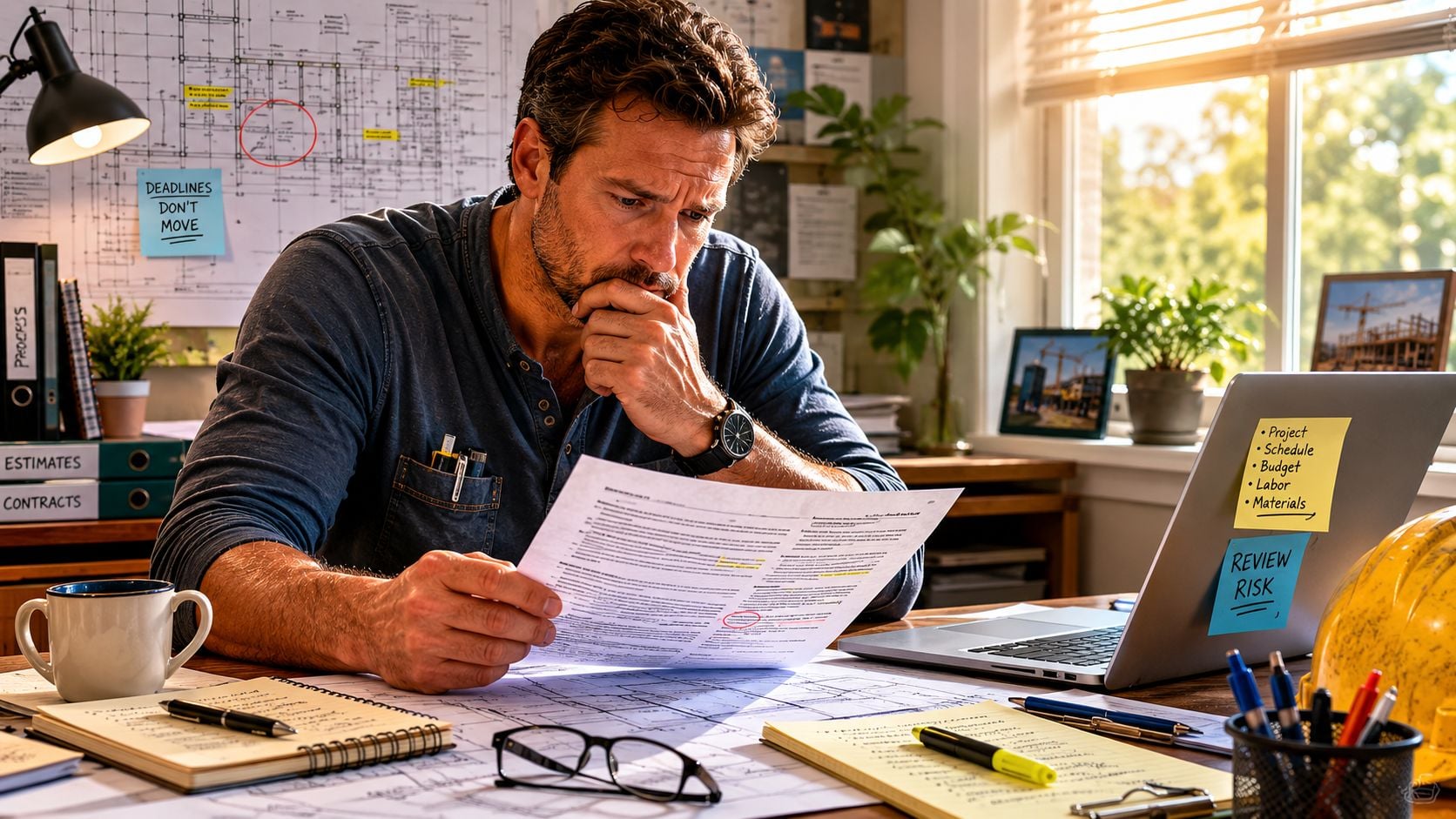 A professional construction project manager reviewing documents and floor plans at his busy office desk.