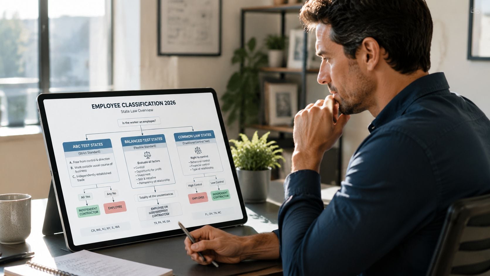 A professional man reviewing an employee classification flowchart on a tablet regarding state labor law tests.