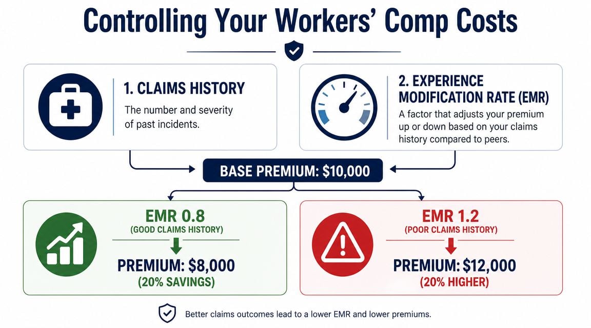 An infographic showing how claims history and EMR affect workers compensation insurance premium costs for businesses.