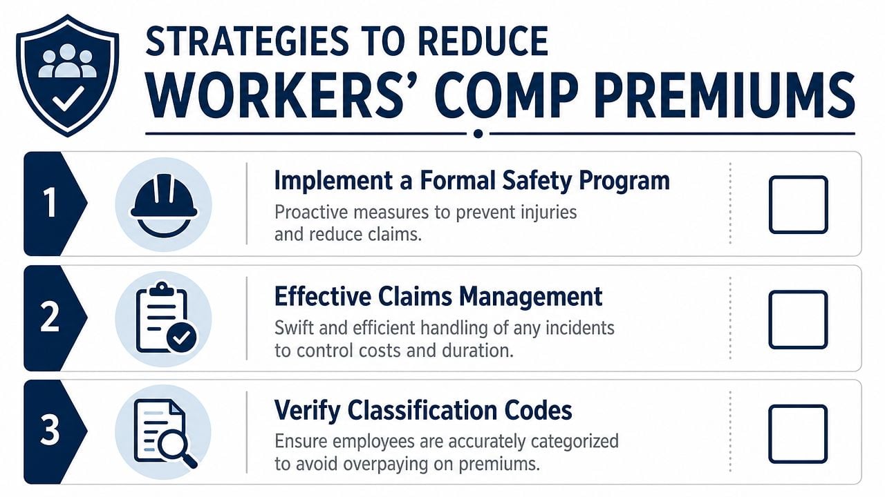 A graphic listing three strategies to reduce workers comp premiums for businesses including safety and claims management.