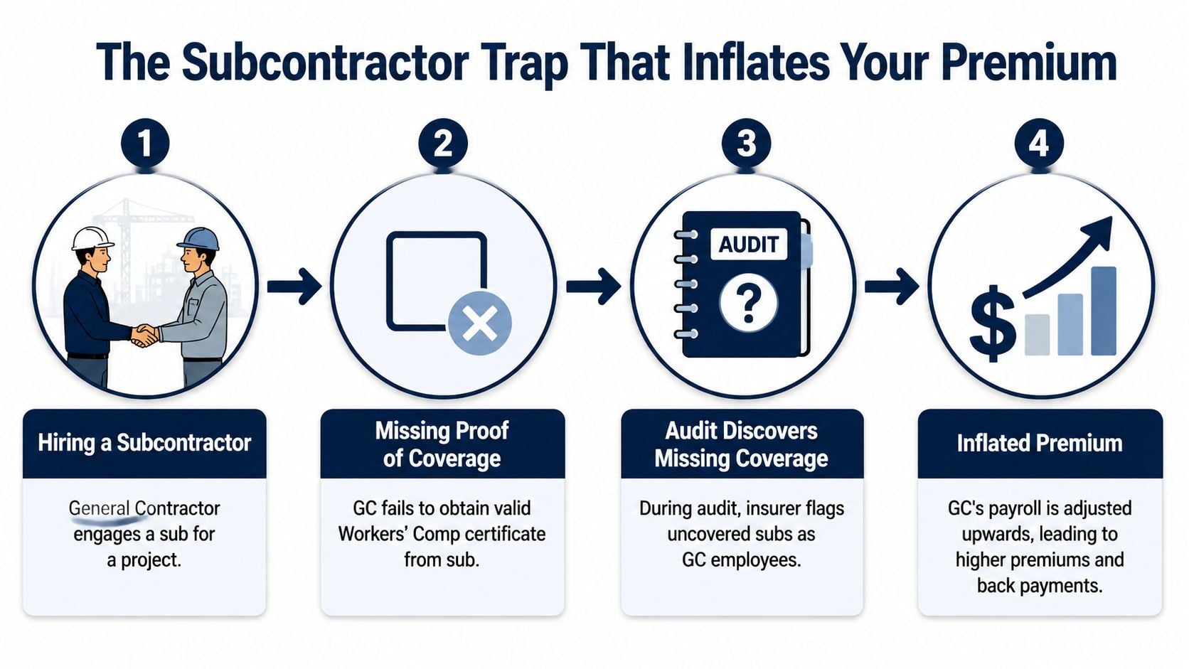 A four-step infographic illustrating how failing to collect subcontractor insurance certificates leads to higher premium costs.