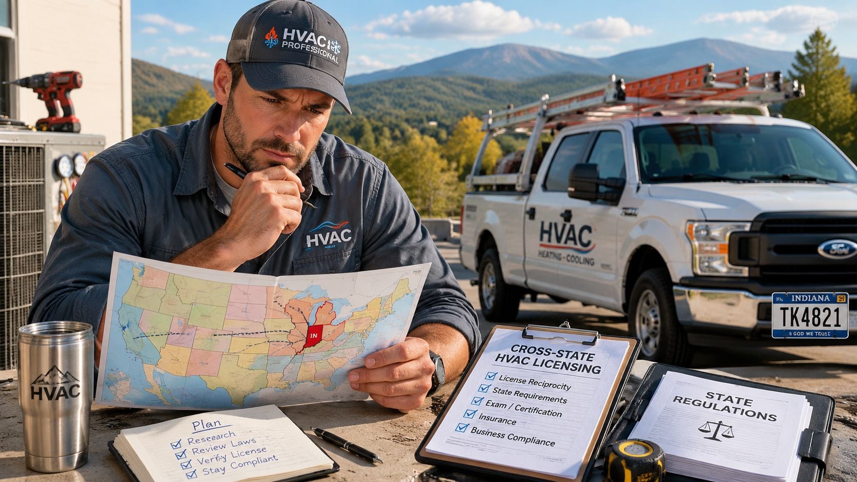 An HVAC technician reviews a map and licensing requirements while planning cross-state business operations outdoors.