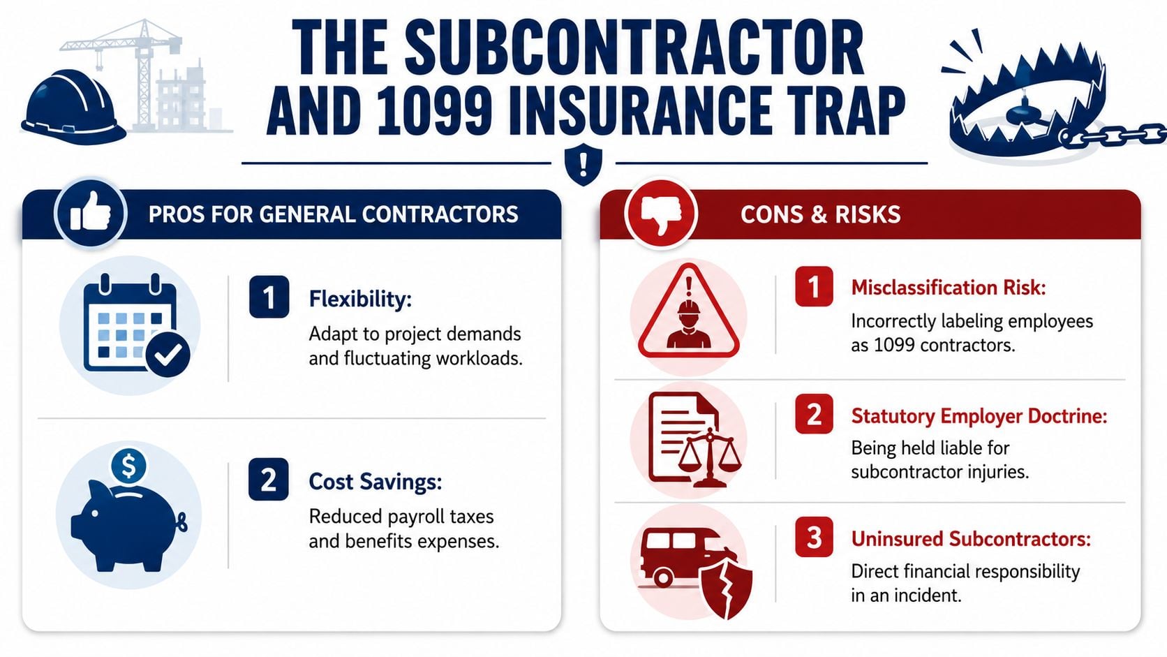 An infographic titled The Subcontractor and 1099 Insurance Trap, highlighting pros and cons for general contractors.