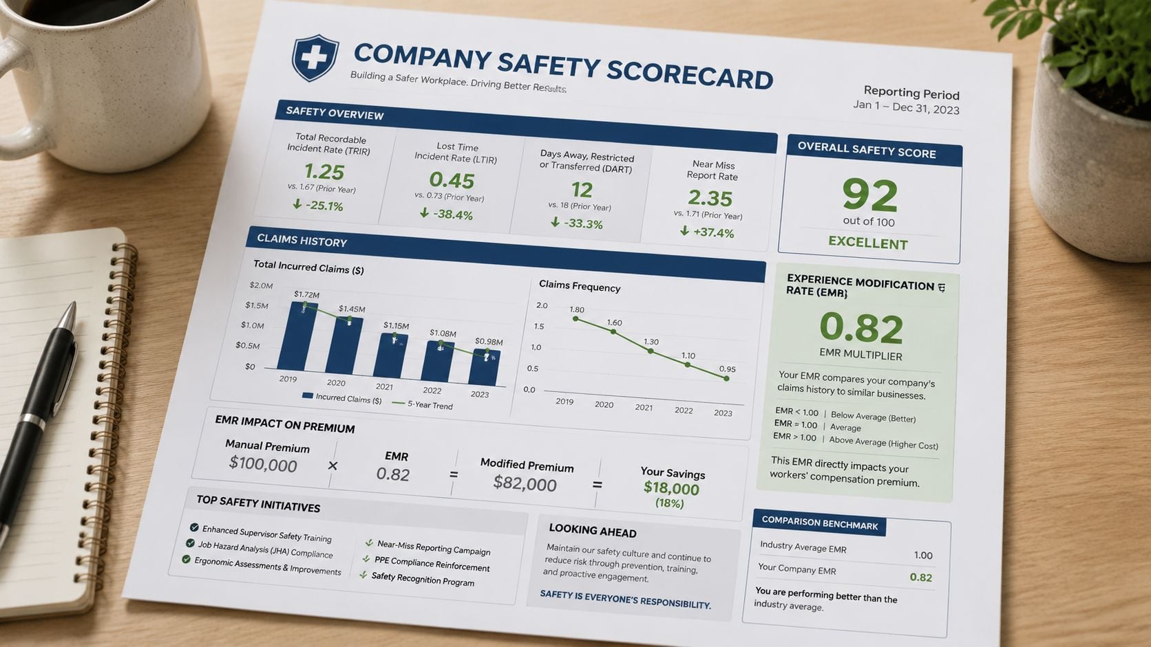 A professional company safety scorecard document showing incident rates, claims history, EMR calculations, and safety performance metrics.