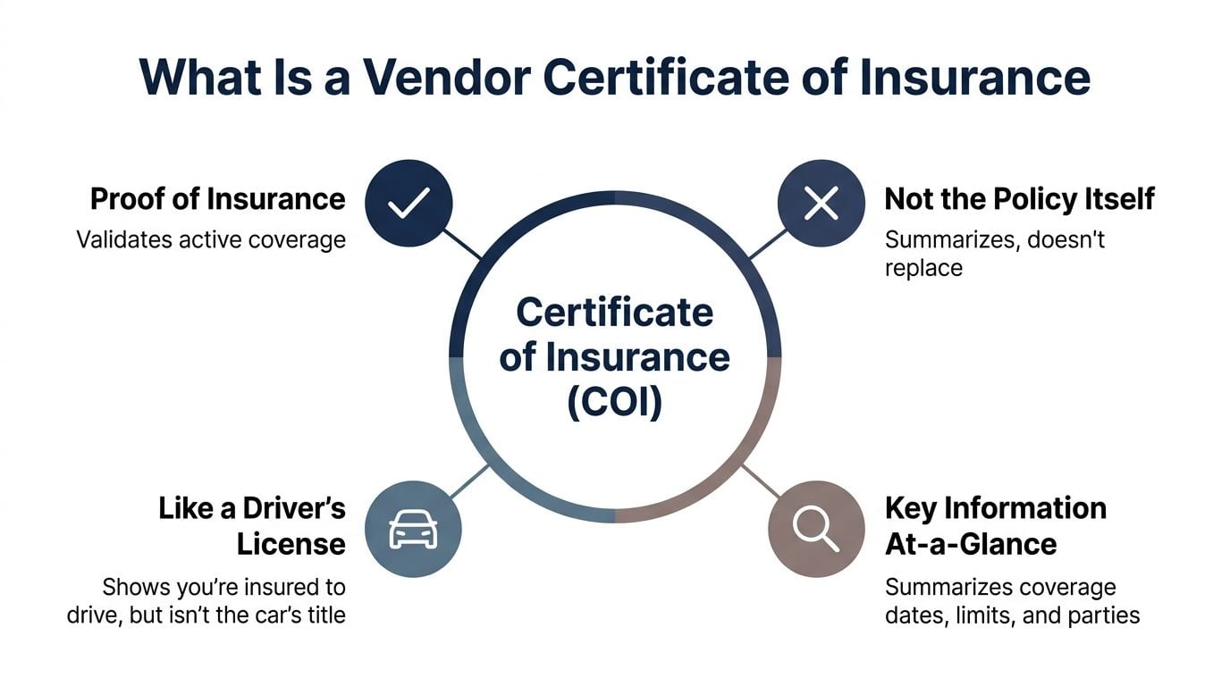 An infographic explaining a Vendor Certificate of Insurance with four key points about its purpose and limitations.