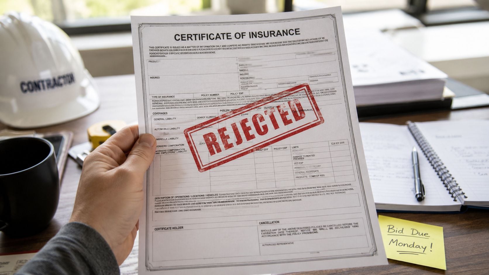 A hand holding a certificate of insurance document stamped with a red rejected notice on a desk.